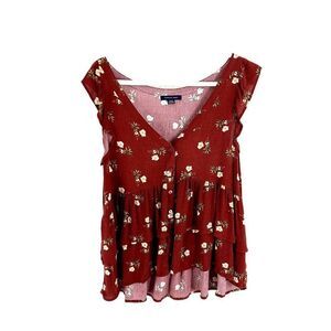 American Eagle Button Front Blouse Floral Brown Medium V-Neck Viscose Sleeveless